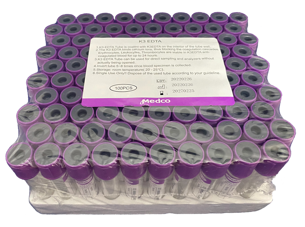 Vacuum Blood Collection Tube Purple Top K2 EDTA (5ml) 1 rack (Medco)