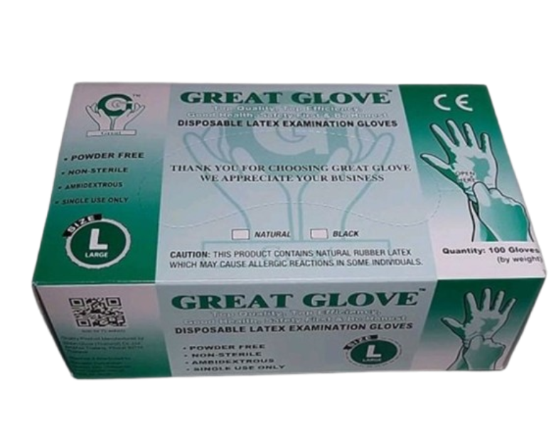 Latex Examination Gloves Powdered Non-Sterile Large 100pcs/box (Great Glove)