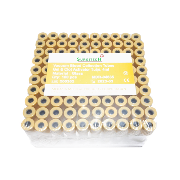 Vacuum Blood Collection Tube Yellow Top Gel Clot Activator Glass 4mL (Surgitech)